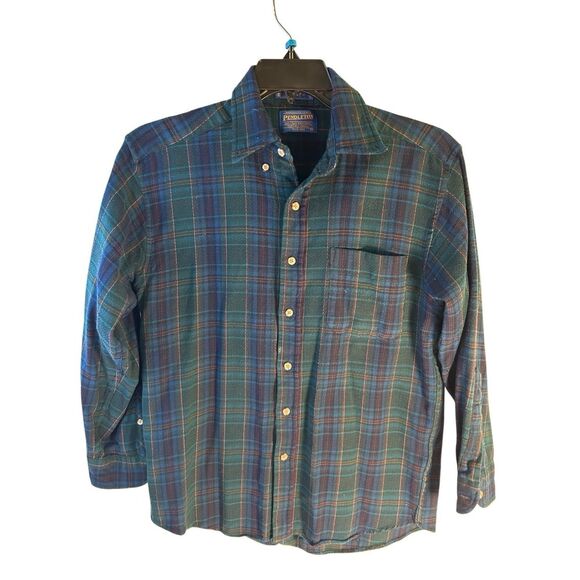Sir Pendleton 100 virgin wool flannel medium m green plaid button down rn#29685 - Picture 1 of 8